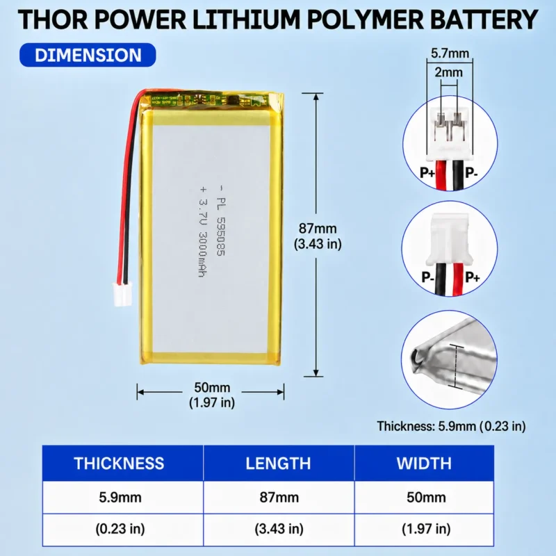 THOR 595085 3.7V 3000mAh LiPo battery dimension drawing showing T×W×L = 5.9 × 50 × 87 mm (with PCM) and 2-pin connector polarity