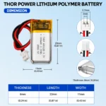 THOR 601120 3.7V 100mAh LiPo battery dimension drawing showing T×W×L = 6.0 × 11 × 22 mm (with PCM) and 2-pin connector polarity