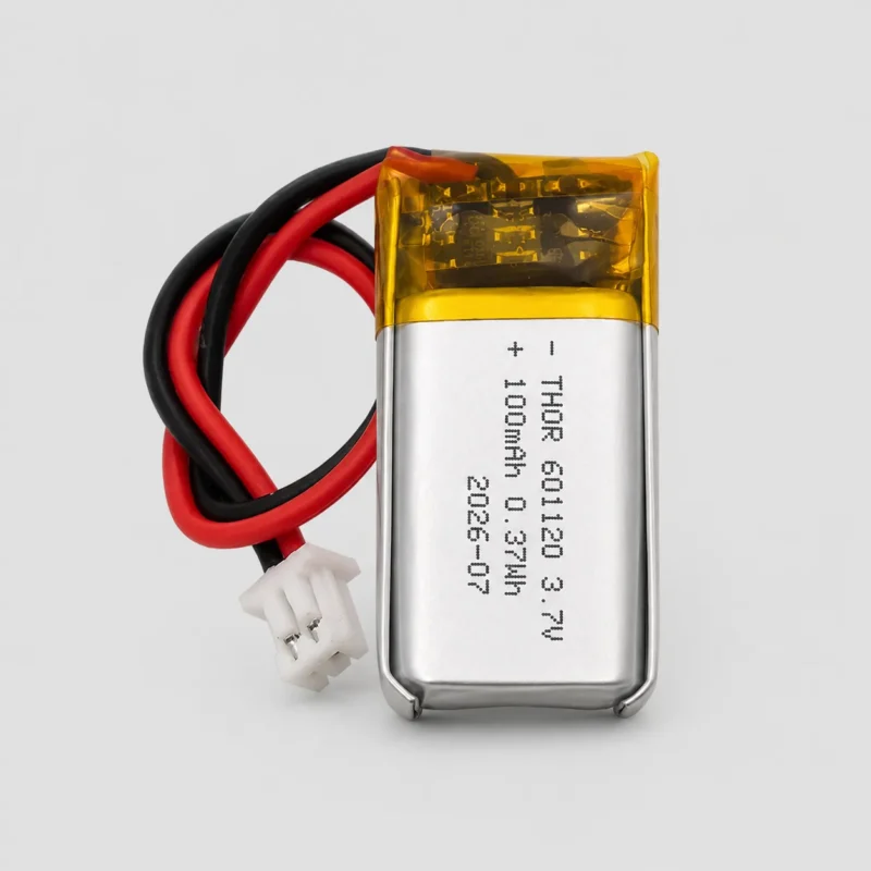 THOR 601120 3.7V 100mAh lithium polymer battery with PCM protection, red and black lead wires, and 2-pin connector