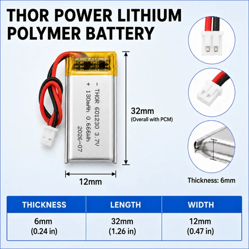 THOR 601230 3.7V 130mAh LiPo battery dimension drawing showing T×W×L = 6.0 × 12 × 32 mm (with PCM) and 2-pin connector polarity