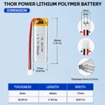 THOR 601744 3.7V 350mAh LiPo battery dimension drawing showing T×W×L = 6.0 × 17 × 46 mm (with PCM) and 2-pin connector polarity