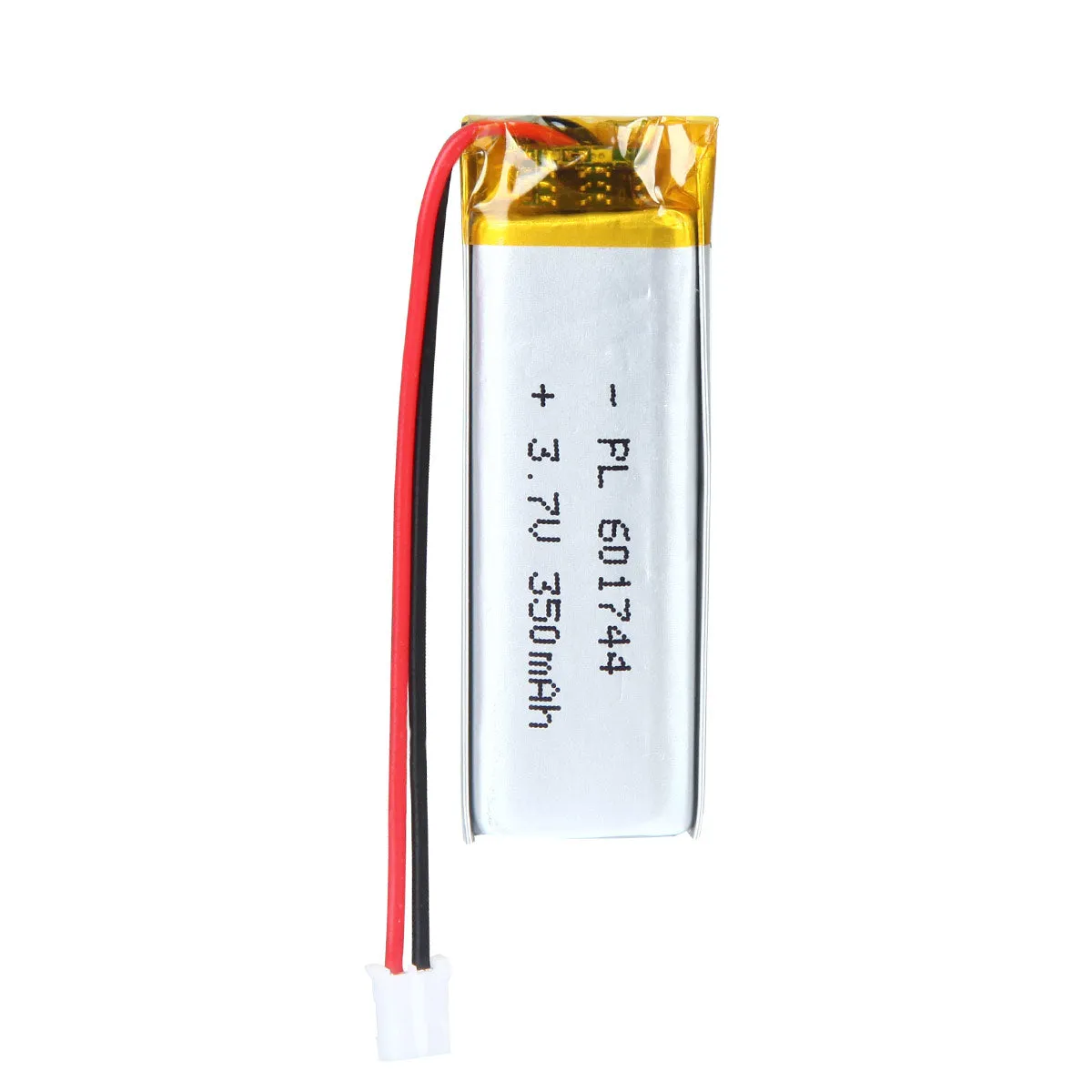 thor-601744-lithium-polymer-battery THOR 601744 3.7V 350mAh lithium polymer battery with PCM protection, red and black lead wires, and 2-pin connector