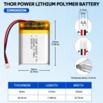 THOR 602025 3.7V 200mAh LiPo battery dimension drawing showing T×W×L = 6.0 × 20 × 27 mm (with PCM) and 2-pin connector polarity