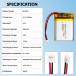 THOR 602025 3.7V 200mAh lithium polymer battery specifications with dimensions and connector details
