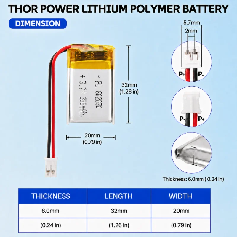 THOR 602030 3.7V 300mAh LiPo battery dimension drawing showing T×W×L = 6.0 × 20 × 32 mm (with PCM) and 2-pin connector polarity