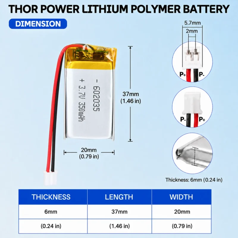 THOR 602035 3.7V 350mAh LiPo battery dimension drawing showing T×W×L = 6.0 × 20 × 37 mm (with PCM) and 2-pin connector polarity