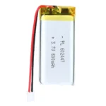 THOR 602447 3.7V 600mAh lithium polymer battery with PCM protection, red and black lead wires, and 2-pin connector