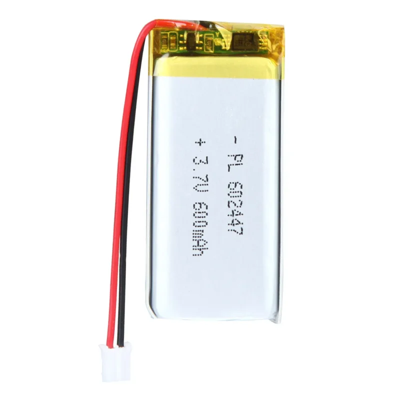 THOR 602447 3.7V 600mAh lithium polymer battery with PCM protection, red and black lead wires, and 2-pin connector