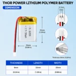 THOR 602530 3.7V 500mAh LiPo battery dimension drawing showing T×W×L = 6.0 × 25 × 32 mm (with PCM) and 2-pin connector polarity