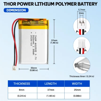 THOR 602535 3.7V 500mAh LiPo battery dimension drawing showing T×W×L = 6.0 × 25 × 37 mm (with PCM) and 2-pin connector polarity