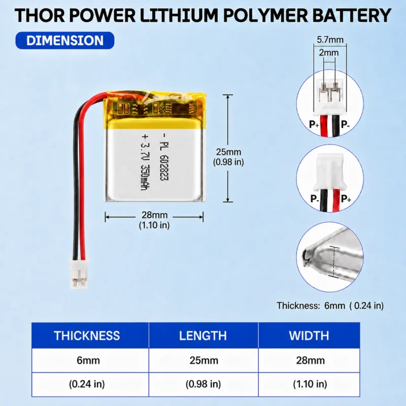 THOR 602823 3.7V 350mAh LiPo battery dimension drawing showing T×W×L = 6.0 × 28 × 25 mm (with PCM) and 2-pin connector polarity