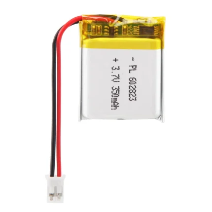 THOR 602823 3.7V 350mAh lithium polymer battery with PCM protection, red and black lead wires, and 2-pin connector