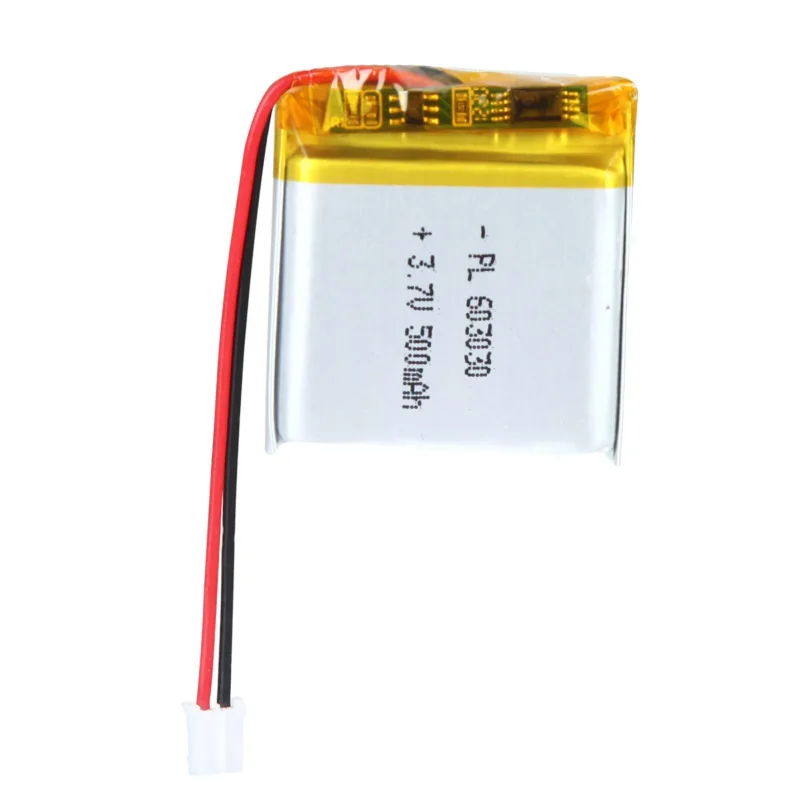 THOR 603030 3.7V 500mAh lithium polymer battery with PCM protection, red and black lead wires, and 2-pin connector