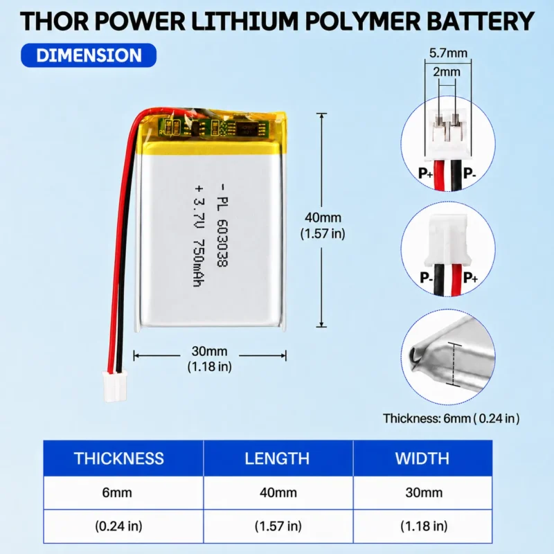 THOR 603038 3.7V 750mAh LiPo battery dimension drawing showing T×W×L = 6.0 × 30 × 40 mm (with PCM) and 2-pin connector polarity