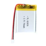THOR 603038 3.7V 750mAh lithium polymer battery with PCM protection, red and black lead wires, and 2-pin connector