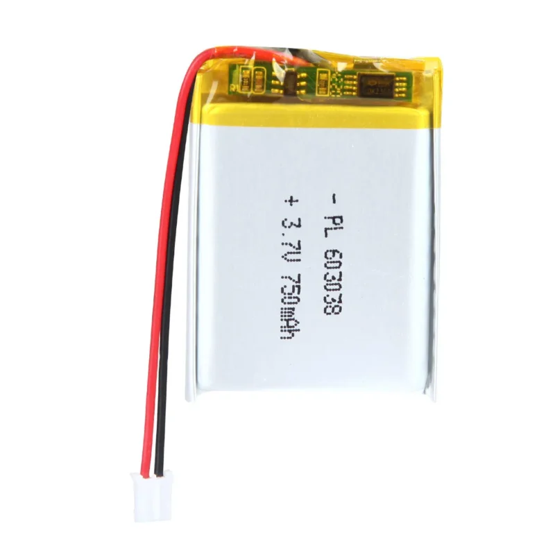 THOR 603038 3.7V 750mAh lithium polymer battery with PCM protection, red and black lead wires, and 2-pin connector