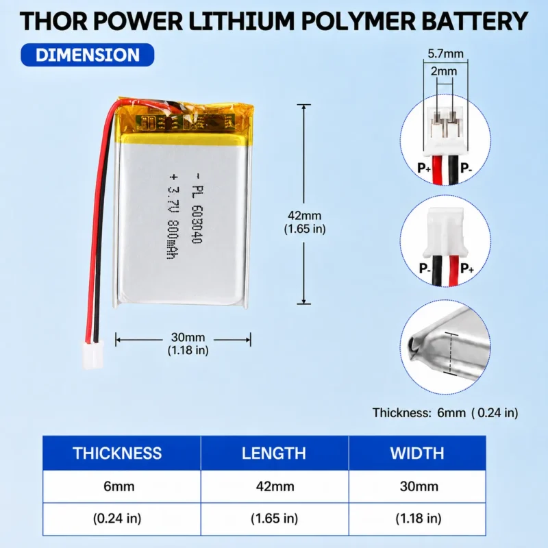 THOR 603040 3.7V 800mAh LiPo battery dimension drawing showing T×W×L = 6.0 × 30 × 42 mm (with PCM) and 2-pin connector polarity