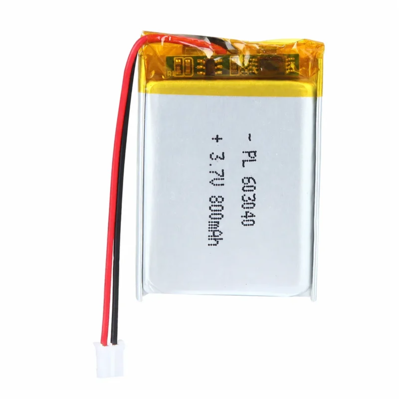 THOR 603040 3.7V 800mAh lithium polymer battery with PCM protection, red and black lead wires, and 2-pin connector