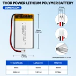 THOR 603048 3.7V 900mAh LiPo battery dimension drawing showing T×W×L = 6.0 × 30 × 50 mm (with PCM) and 2-pin connector polarity