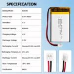 THOR 603048 3.7V 900mAh lithium polymer battery specifications with dimensions and connector details
