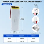 THOR 6034106 3.7V 2850mAh LiPo battery dimension drawing showing T×W×L = 6.0 × 34 × 108 mm (with PCM) and 2-pin connector polarity