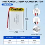 THOR 603545 3.7V 1100mAh LiPo battery dimension drawing showing T×W×L = 6.0 × 35 × 47 mm (with PCM) and 2-pin connector polarity
