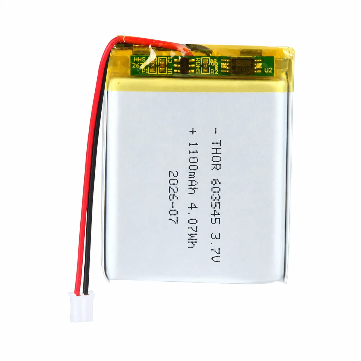 thor-603545-lithium-polymer-battery THOR 603545 3.7V 1100mAh lithium polymer battery with PCM protection, red and black lead wires, and 2-pin connector