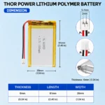 THOR 603959 3.7V 1500mAh LiPo battery dimension drawing showing T×W×L = 6.0 × 39 × 61 mm (with PCM) and 2-pin connector polarity