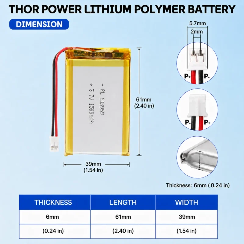 THOR 603959 3.7V 1500mAh LiPo battery dimension drawing showing T×W×L = 6.0 × 39 × 61 mm (with PCM) and 2-pin connector polarity