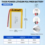 THOR 604060 3.7V 1100mAh LiPo battery dimension drawing showing T×W×L = 6.0 × 40 × 62 mm (with PCM) and 2-pin connector polarity