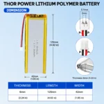 THOR 6042123 3.7V 3800mAh LiPo battery dimension drawing showing T×W×L = 6.0 × 42 × 125 mm (with PCM) and 2-pin connector polarity