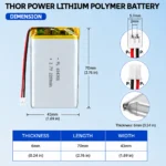 THOR 604368 3.7V 2200mAh LiPo battery dimension drawing showing T×W×L = 6.0 × 43 × 70 mm (with PCM) and 2-pin connector polarity