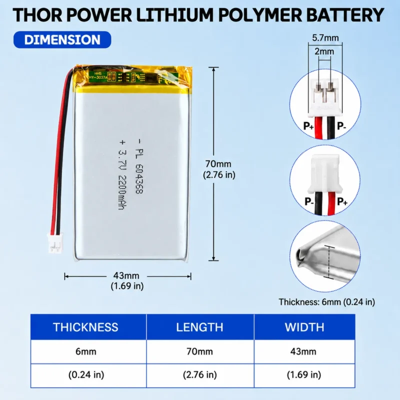 THOR 604368 3.7V 2200mAh LiPo battery dimension drawing showing T×W×L = 6.0 × 43 × 70 mm (with PCM) and 2-pin connector polarity