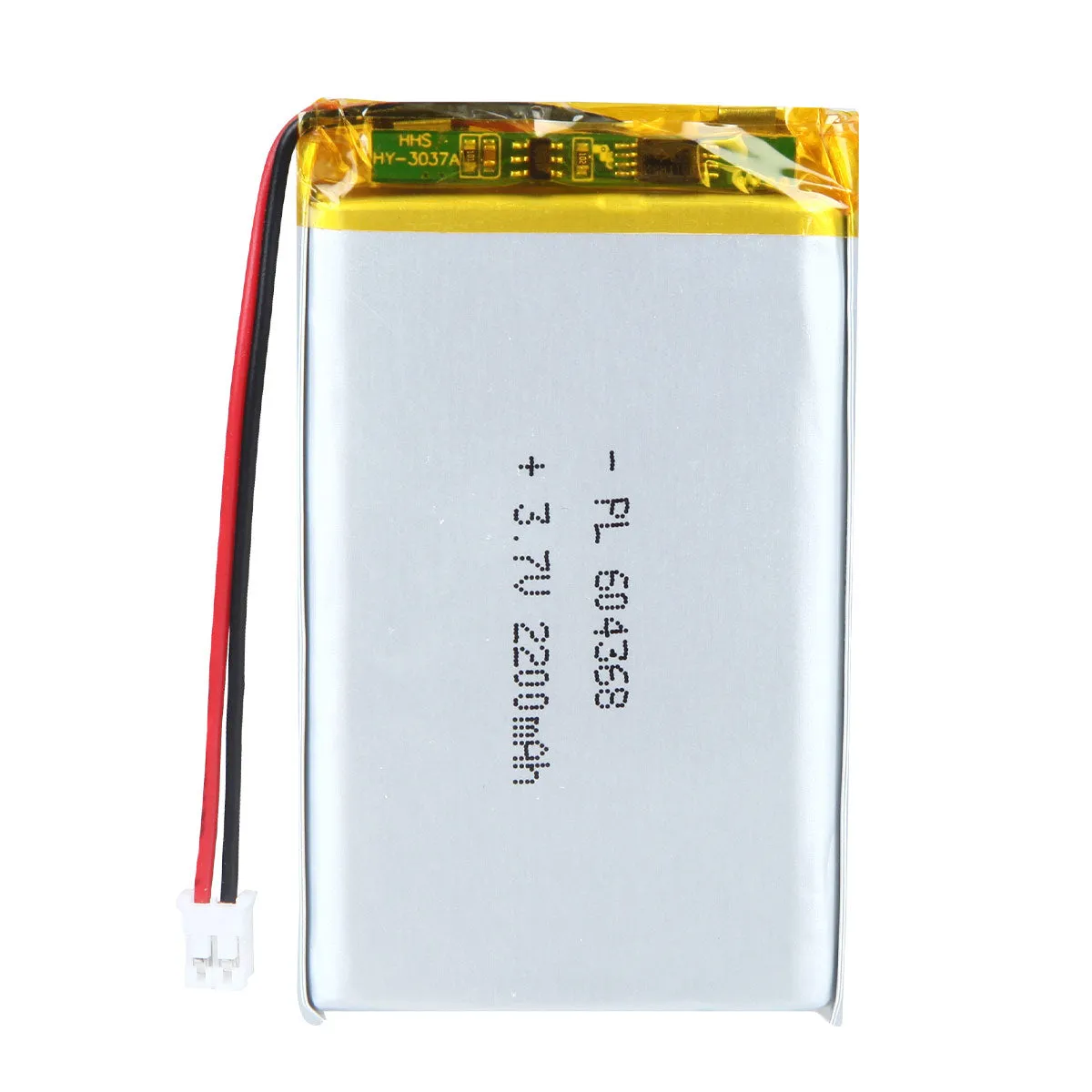 thor-604368-lithium-polymer-battery THOR 604368 3.7V 2200mAh lithium polymer battery with PCM protection, red and black lead wires, and 2-pin connector