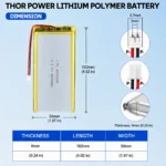 THOR 6050100 3.7V 4000mAh LiPo battery dimension drawing showing T×W×L = 6.0 × 50 × 102 mm (with PCM) and 2-pin connector polarity