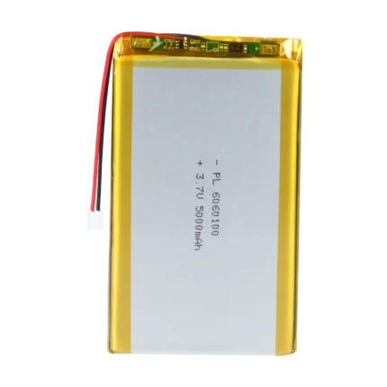 THOR 6060100 3.7V 5000mAh lithium polymer battery with PCM protection, red and black lead wires, and 2-pin connector