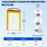 THOR 606090 3.7V 4000mAh LiPo battery dimension drawing showing T×W×L = 6.0 × 60 × 92 mm (with PCM) and 2-pin connector polarity