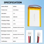 THOR 606090 3.7V 4000mAh lithium polymer battery specifications with dimensions and connector details
