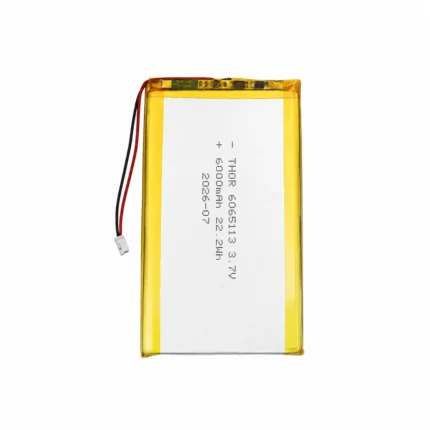 THOR 6065113 3.7V 6000mAh lithium polymer battery with PCM protection, red and black lead wires, and 2-pin connector