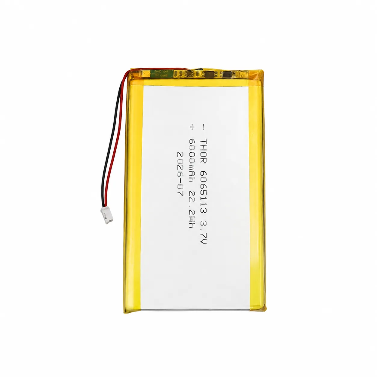 thor-6065113-lithium-polymer-battery THOR 6065113 3.7V 6000mAh lithium polymer battery with PCM protection, red and black lead wires, and 2-pin connector
