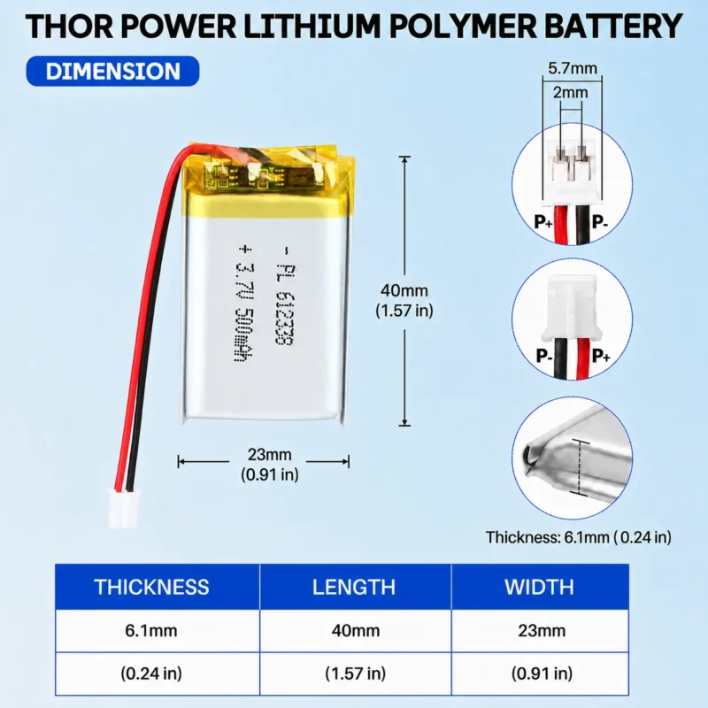 THOR 612338 3.7V 500mAh LiPo battery dimension drawing showing T×W×L = 6.1 × 23 × 40 mm (with PCM) and 2-pin connector polarity