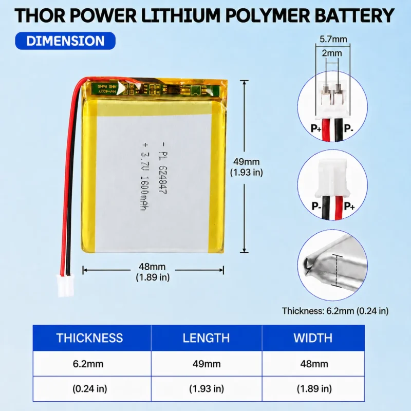 THOR 624847 3.7V 1600mAh LiPo battery dimension drawing showing T×W×L = 6.2 × 48 × 49 mm (with PCM) and 2-pin connector polarity