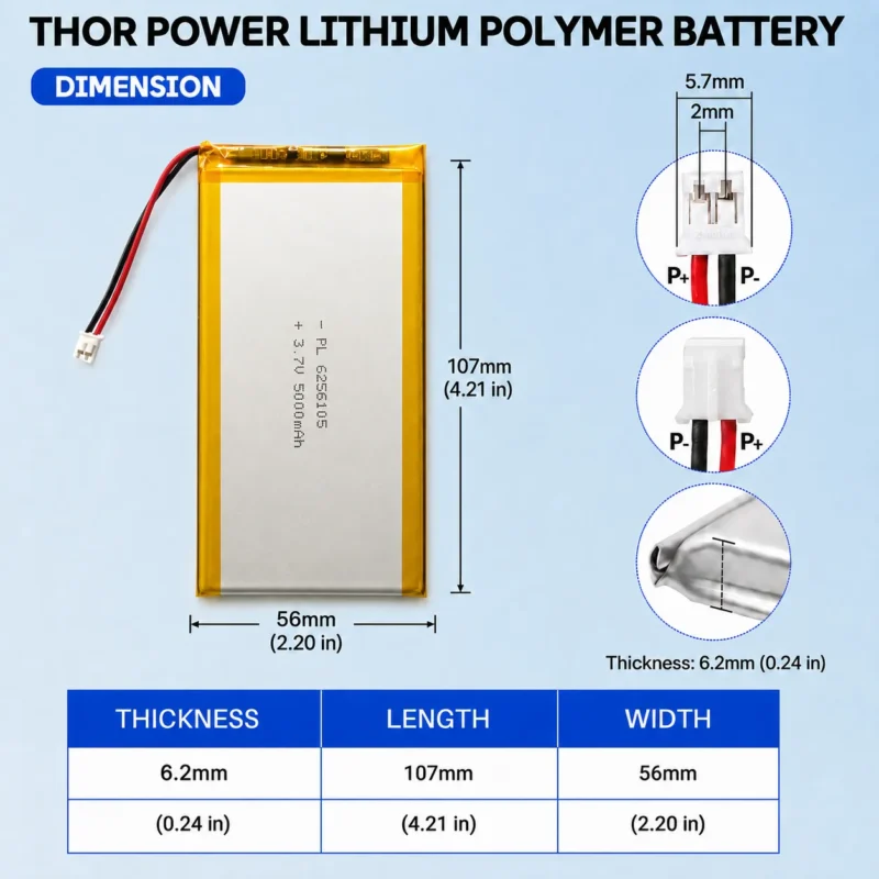 THOR 6256105 3.7V 5000mAh LiPo battery dimension drawing showing T×W×L = 6.2 × 56 × 107 mm (with PCM) and 2-pin connector polarity