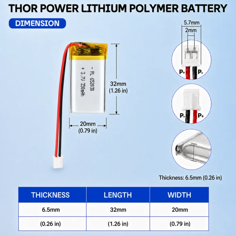 THOR 652030 3.7V 350mAh LiPo battery dimension drawing showing T×W×L = 6.5 × 20 × 32 mm (with PCM) and 2-pin connector polarity