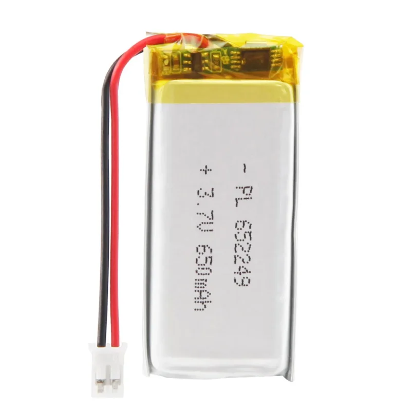 THOR 652249 3.7V 650mAh lithium polymer battery with PCM protection, red and black lead wires, and 2-pin connector