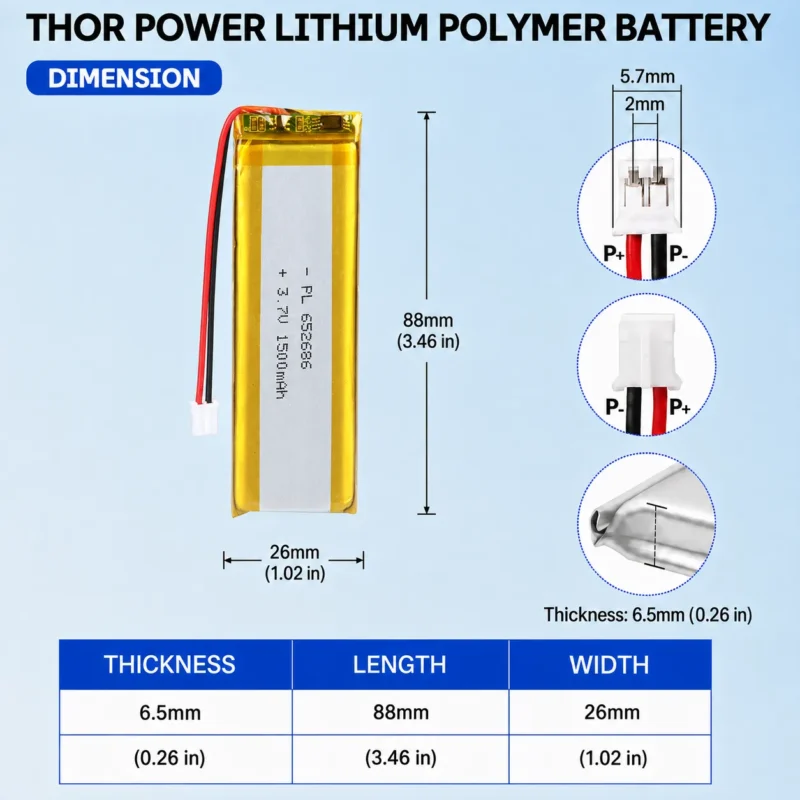 THOR 652686 3.7V 1500mAh LiPo battery dimension drawing showing T×W×L = 6.5 × 26 × 88 mm (with PCM) and 2-pin connector polarity
