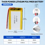 THOR 653450 3.7V 1200mAh LiPo battery dimension drawing showing T×W×L = 6.5 × 34 × 52 mm (with PCM) and 2-pin connector polarity