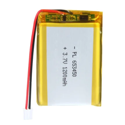 THOR 653450 3.7V 1200mAh lithium polymer battery with PCM protection, red and black lead wires, and 2-pin connector