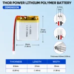 THOR 653535 3.7V 1300mAh LiPo battery dimension drawing showing T×W×L = 6.5 × 35 × 37 mm (with PCM) and 2-pin connector polarity