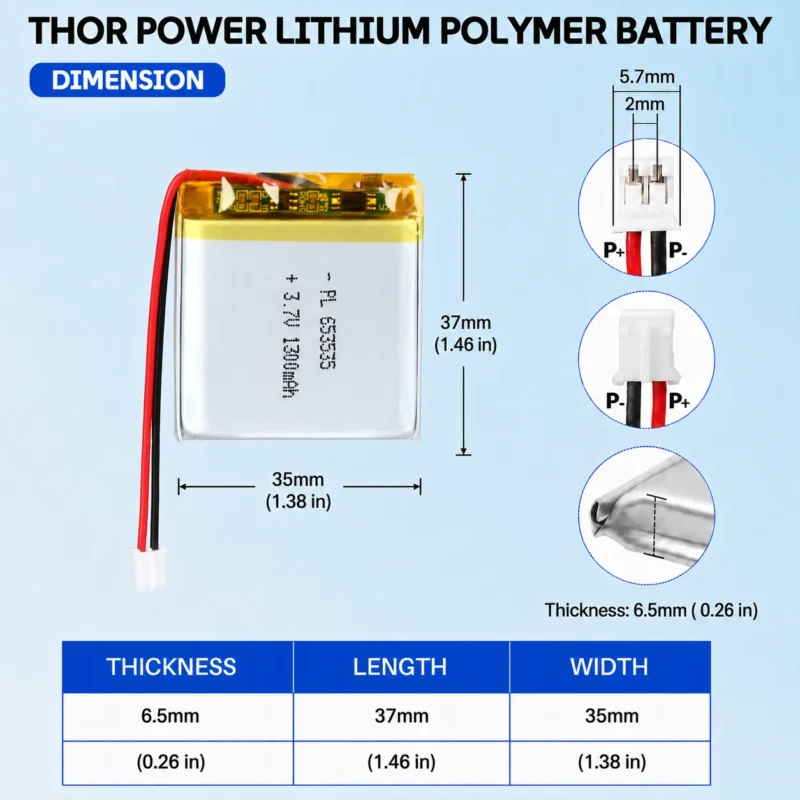 THOR 653535 3.7V 1300mAh LiPo battery dimension drawing showing T×W×L = 6.5 × 35 × 37 mm (with PCM) and 2-pin connector polarity